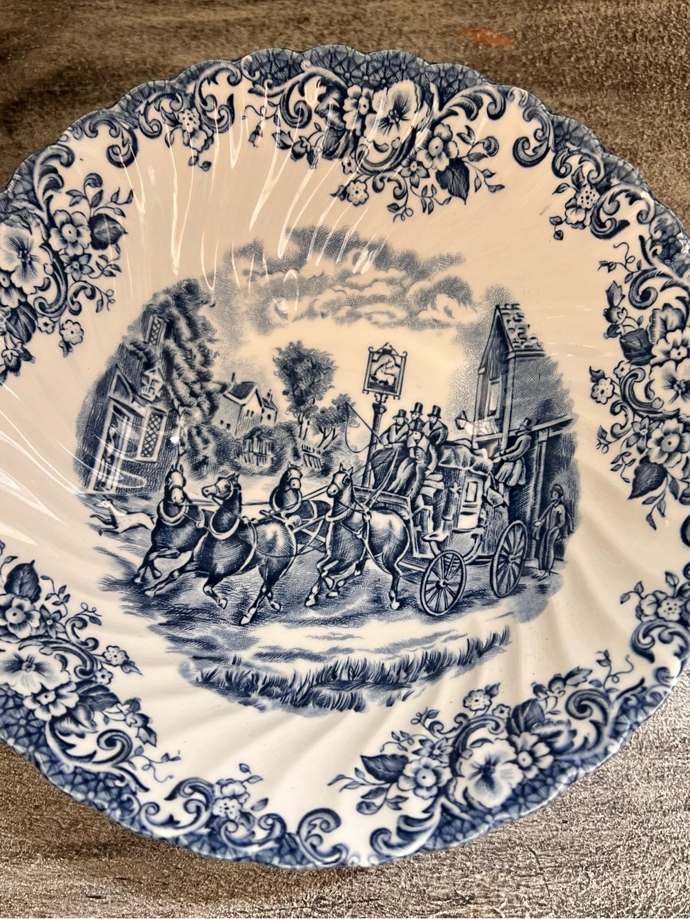 Johnson Brothers Ironstone 8.25" Blue White Serving Bowl Coaching Scenes Pattern